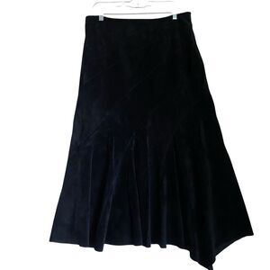 Midi Suede Leather Skirt Tiered 12 Black Asymmetrical Witchy Goth Grunge Boho